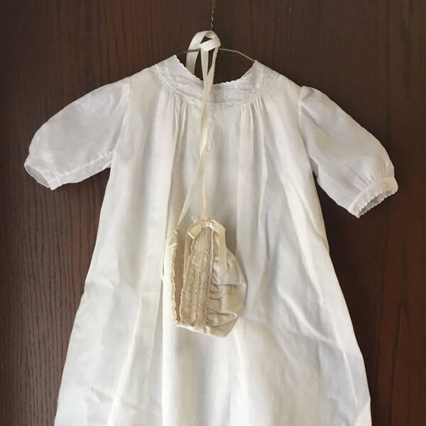 Vintage White Cotton/Linen Christening Baptism Set with Gown Slip & Bonnet Hat