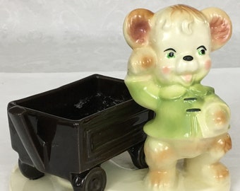 Vintage Shawnee Pottery Anthropomorphic Bear Cub Wagon Planter Figurine F121