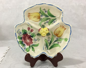 Vintage Porcelain Divided Tidbit Candy Dresser Tray Dish Tulips Roses Apple Handle Japan
