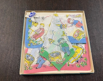 3 Vintage Mother Goose Hankies Children's Kids Printed Cotton Handkerchiefs Boxed Never Used H402