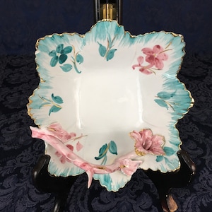 Vintage Italian European Art Pottery Sculpted Flower Petal Bowl with Applied Flower