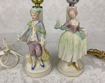 Pair of Vintage Porcelain Figural Boudoir Lamps Hand Painted Colonial Man & Woman Figurines Occupied Japan