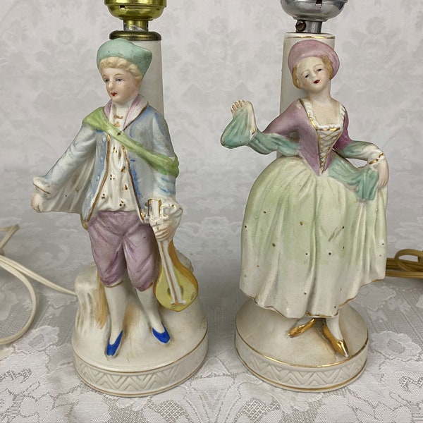 Pair of Vintage Porcelain Figural Boudoir Lamps Hand Painted Colonial Man & Woman Figurines Occupied Japan