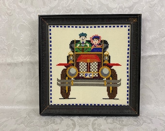 Vintage Hand Stitched Crewel Embroidery "A Trip in the Jalopy" Framed Fiber Art Wall Hanging 11 1/2" x 11 1/2" WH147