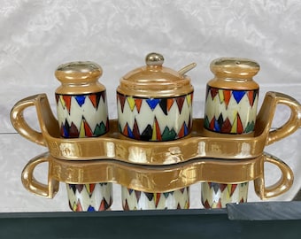 Vintage Lusterware China Hand Painted Condiment Set Salt & Pepper Shakers and Sugar Bowl with Spoon and Caddy SP242