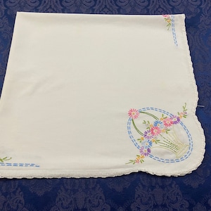 Vintage Linen Tablecloth Handmade Embroidered Flowers & Flower Baskets Hand Crafted Linen 34&quot; x 32&quot; TC426