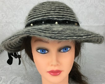 Vintage Genuine Angora Bucket Hat Floppy Brim Black & White Velvet Ribbon Pearls Rhinestones H214
