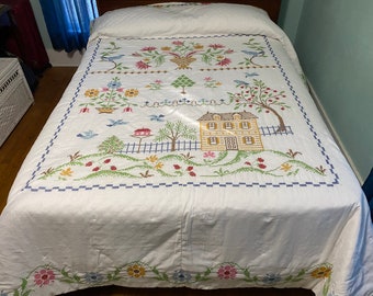 Handmade Quilted Bedspread Beautiful Vintage Hand Stitched Embroidery House & Garden Heirloom Quality Q215