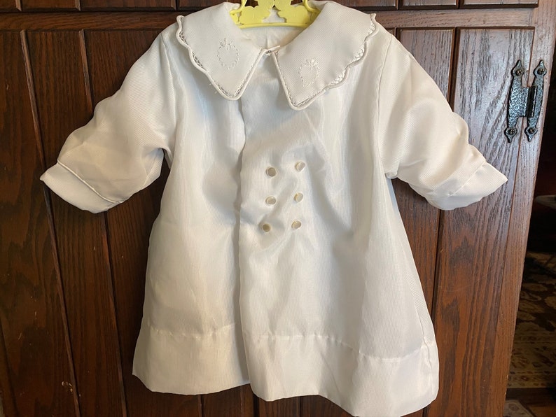 Vintage Infant Baby Boy Jacket Doll Toddler White Silky Coat and Hat Set Cotton Lined VC171 image 2