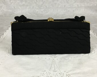 Vintage Womans Ladies Black Cloth Structured Clutch Handle Purse Hand Bag P59