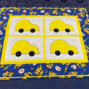 Vintage Crib Quilt or Wall Hanging Handmade Quilted Applique Yellow Taxi Cabs Cars Q111