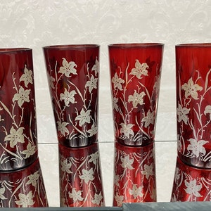 Vintage Mid Century Barware Set of 4 Ruby Red Juice Glasses White Lilies Anchor Hocking BW23