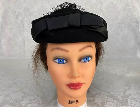 Brown wool pill box hat Henry Pollack mid century wool hat funeral hat formal hat net veiled hat Church Sunday hat grieving hat