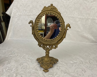 Vintage Art Nouveau Cast Iron Art Metal Filigree Vanity Make-up Mirror Swivel Base MS65