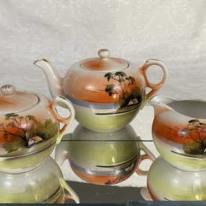 Vintage Takito Tea Set Porcelain Teapot Creamer & Covered Sugar Bowl &quot;Orange Sunset&quot; TP149
