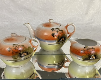 Vintage Takito Tea Set Porcelain Teapot Creamer & Covered Sugar Bowl "Orange Sunset" TP149