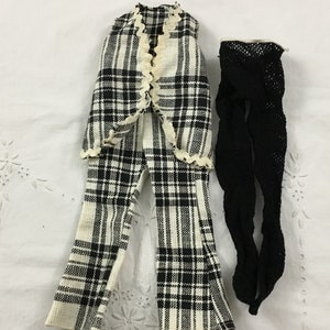 Vintage Handmade Fashion Doll Clothes Outfit Plaid Bell Bottom Pants Vest Fishnet Stockings I208