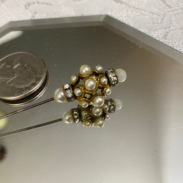 Vintage Gold Tone Hatpin Hat Pin Faux Pearls and Rhinestones 4" J157