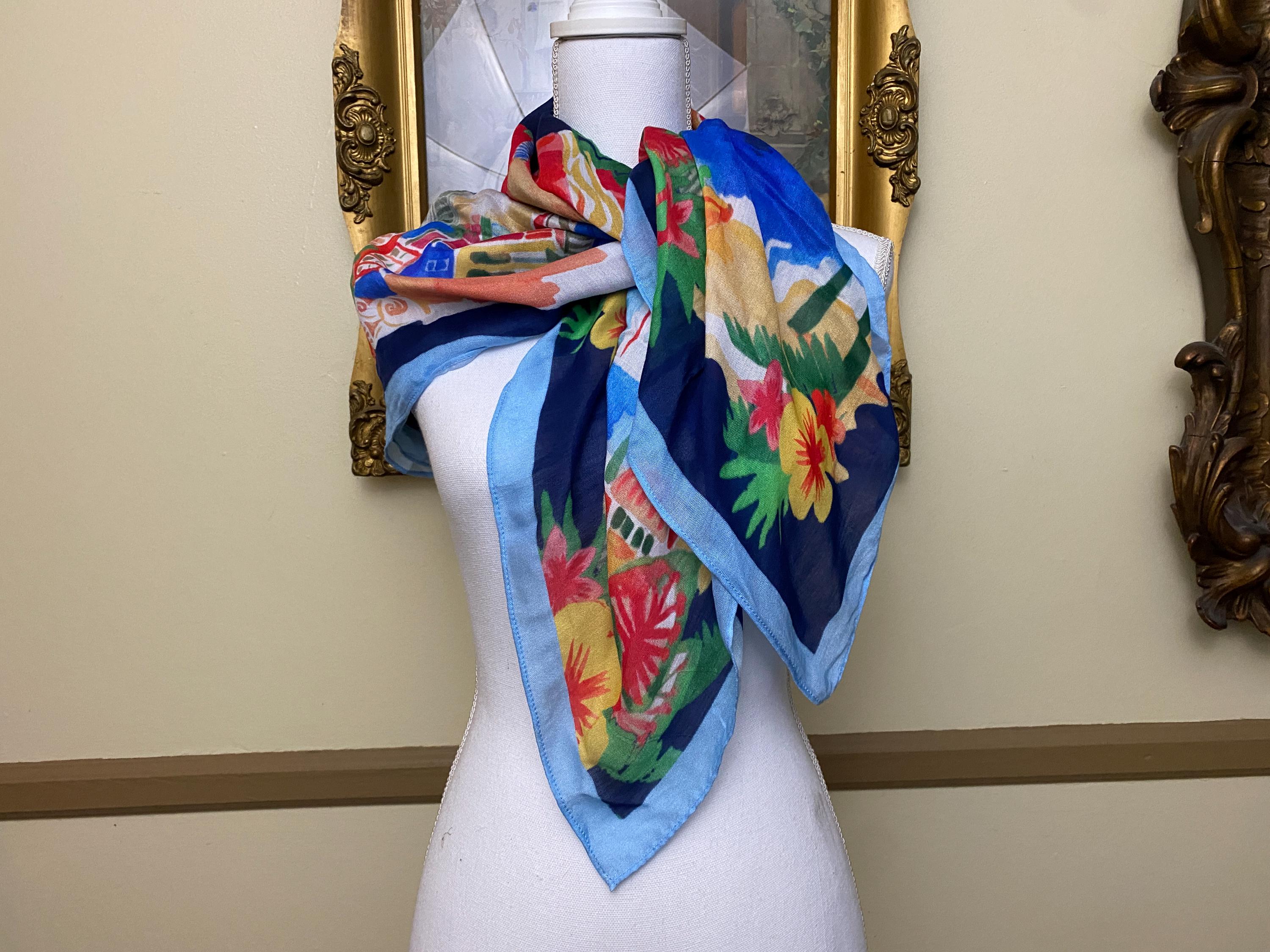 スカーフ Saiid Kobeisy Tropical Flower Print Chiffon Silk Scarf Saiid Kobeisy Tropical Flower Print Aqua Sky Chiffon Silk