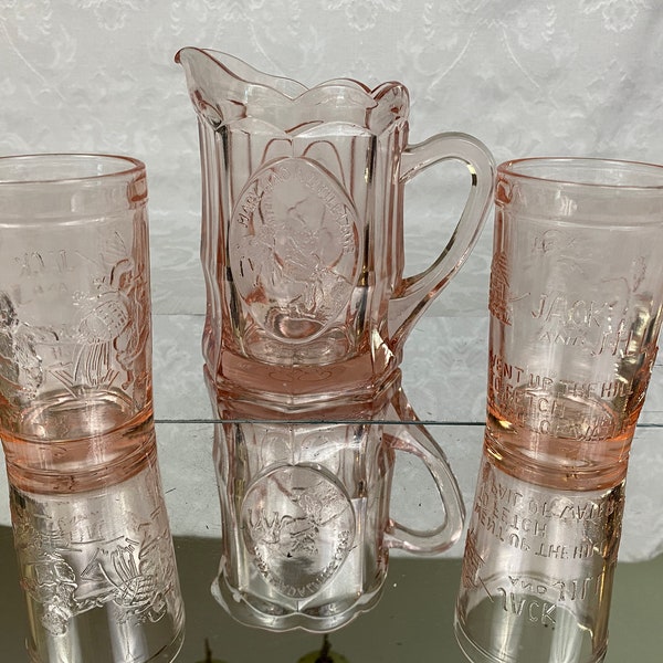 Tiara Exclusive Nursery Rhyme Pitcher & Glasses Set Pink Vintage Mother Goose Jack and Jill BW104