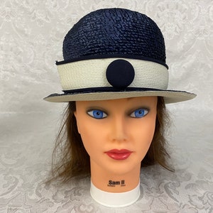 Woman&#39;s Vintage Bucket Top Hat Berger&#39;s Navy Blue & White Woven Straw Hat H378