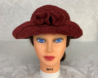 Vintage Womens Knit Bucket Hat Woven Chenille Yarn Brick Red H274