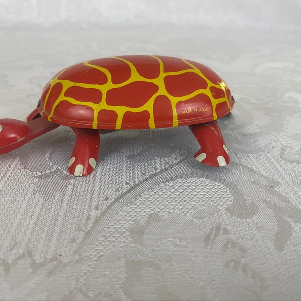 Vintage Mid Century Tin Litho Turtle Toy Mechanical Wind Up Tin Toy Red and Yellow T34