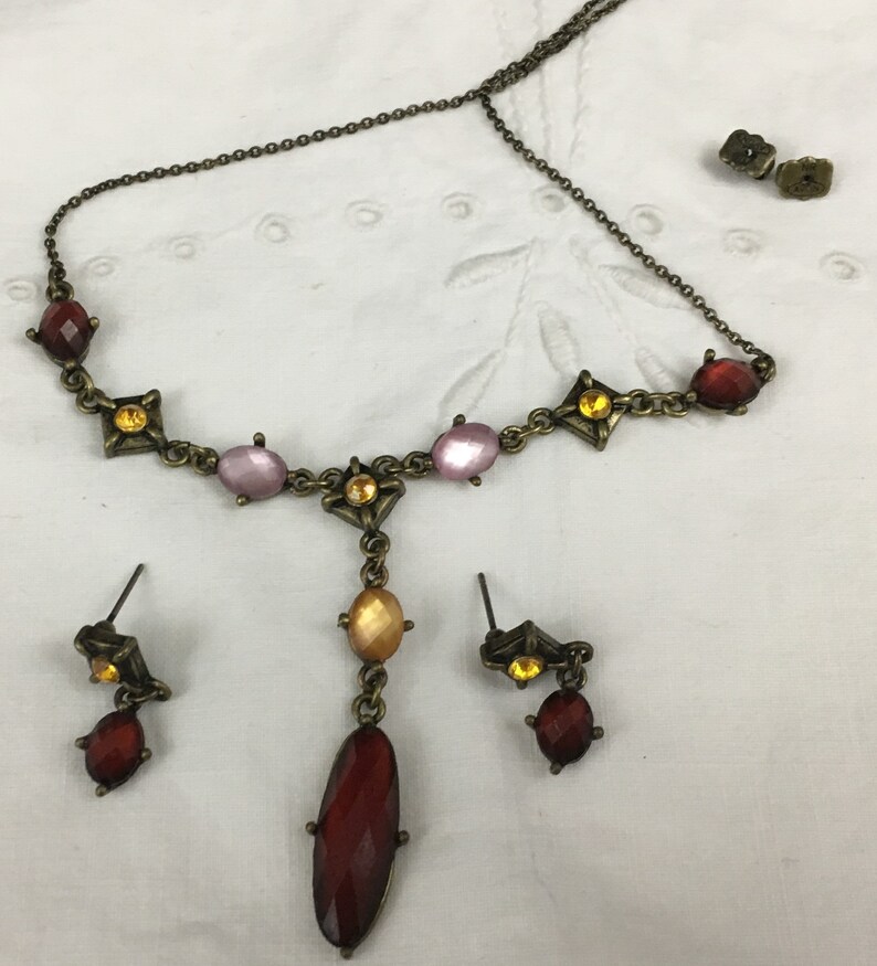 Vintage Costume Jewelry Gemstone Necklace and Earring Set Gold Finish
