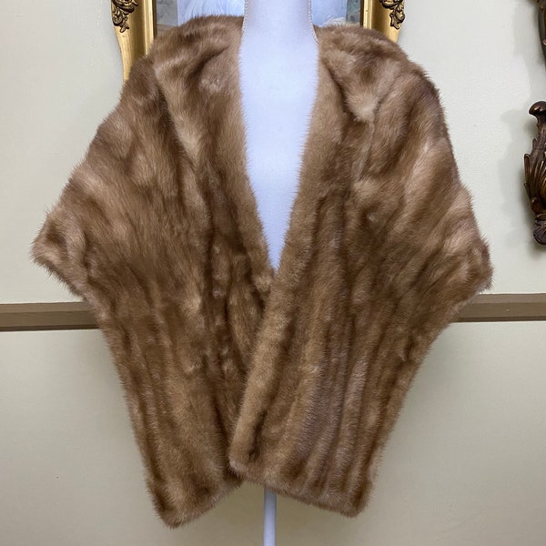 Collared Mink Fur Stole Vintage Brown & Blonde Wrap Mid Century Cape or Capelet with 2 Pockets VC303