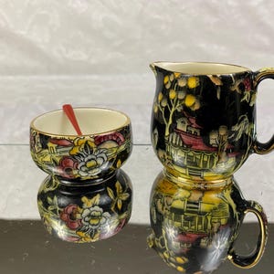 Vintage Royal Winton Pekin Black Creamer & Open Sugar Set Grimwades Hand Painted Gold Gilt CS119