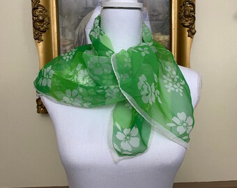 Vintage Women's Silky Fashion Scarf Sheer Lime Green Floral 26" S394