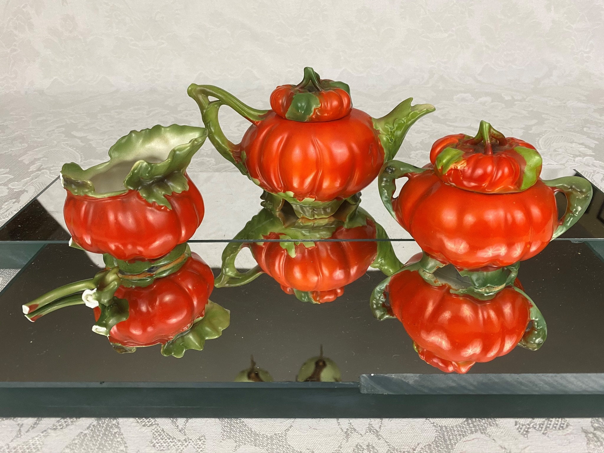 Antique Royal Bayreuth Bavaria Tomato Ware Tea Set Teapot Sugar & Creamer Tomatoware