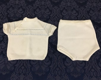 Vintage Infant Baby Boy Doll 2 Piece Blue and White Cable Knit Sweater Set Outfit Shorts VC33