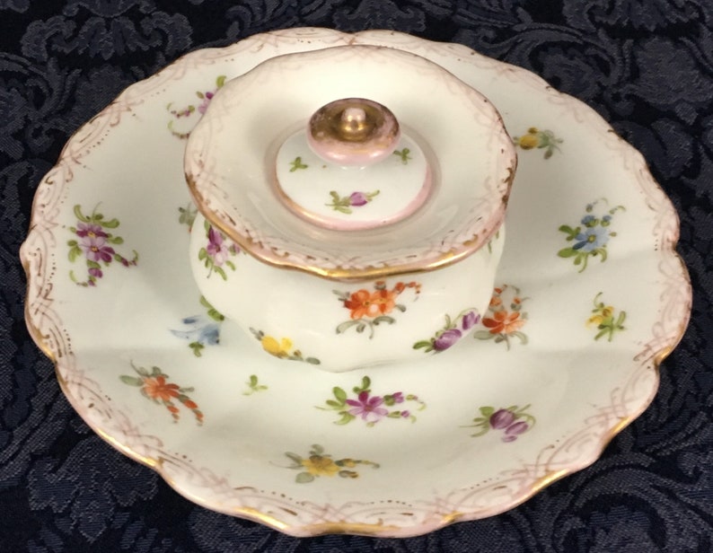 Antique Meissen Dresden Porcelain Inkwell Lid Under Plate Hand Painted Flower Pattern Gold Gilt