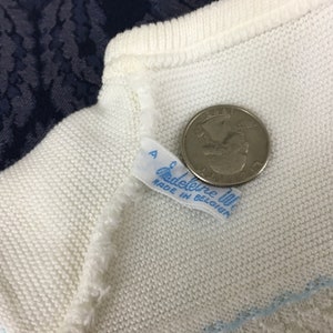 May include: Close-up of a white knitted garment with a light blue trim. A quarter coin is next to the garment for size comparison. A small tag reads "Madeleine We" and "Made in Belgium".