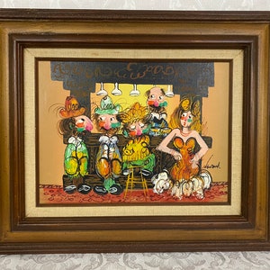 Vintage MCM Original &quot;Impasto&quot; Cartoon Style 3D Oil on Canvas Painting &quot;The Bar Flies&quot; Framed & Signed Newland WH194