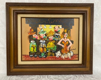 Vintage MCM Original "Impasto" Cartoon Style 3D Oil on Canvas Painting "The Bar Flies" Framed & Signed Newland WH194