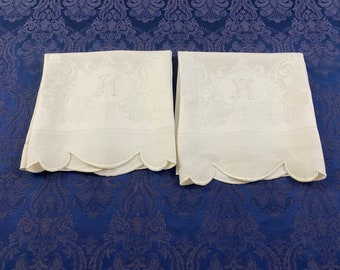 2 Linen Kitchen Towels X Large Vintage Damask Dish Tea Towel Threadwork Monogrammed H 38 1/2" x 21 1/2" - T275