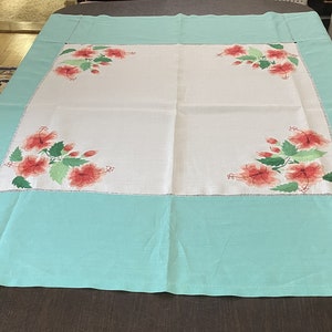 Vintage Handmade Linen Tablecloth Turquoise & White Embroidered Flowers Hemstitching 57 x 54 TC404