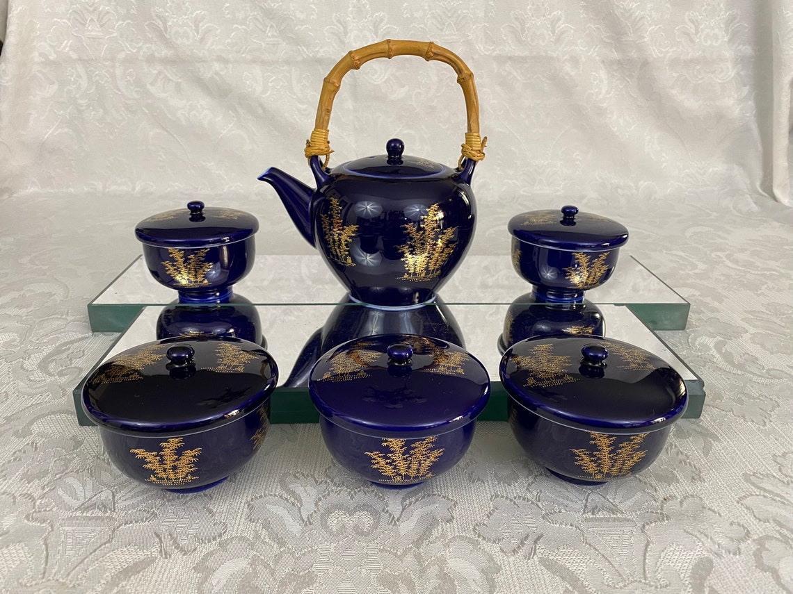 Vintage Japanese Cobalt Blue Tea Set Teapot & 5 Covered Cups Etsy