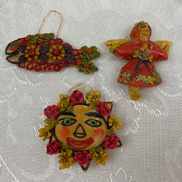 3 Ecuadorian Bread Dough Christmas Ornaments "Sun" "Fish" "Woman" Vintage Handmade Ecuador Folk Art Figurines EO22