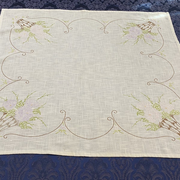 Vintage Linen Tablecloth Hand Stitched Embroidered Flower Baskets Hand Crafted Linen 30" TC448