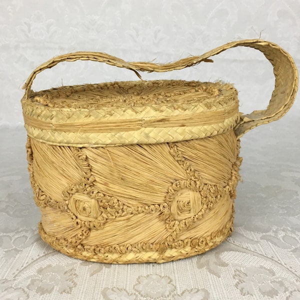 Vintage Woven Straw Box Purse Wicker Basket Handbag Cloth Lining  P145