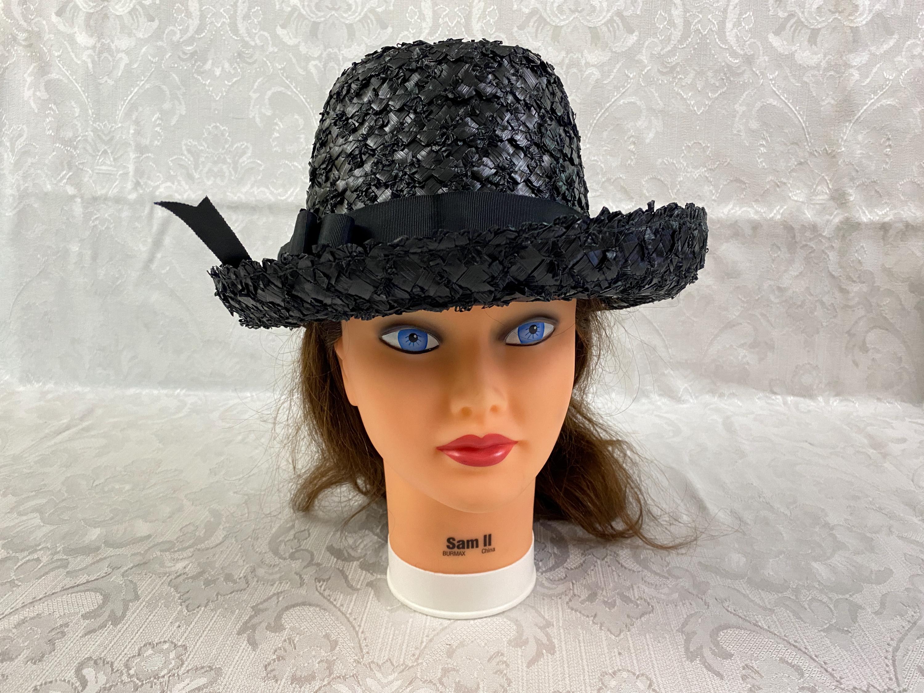 Vintage Black Raffia Woven Bucket Victorian Hat Woman main image 2