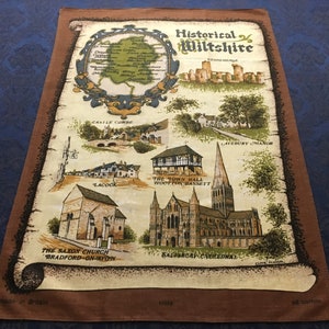 Vintage Printed 100% Cotton Tea Towel Souvenir of Historical Wiltshire made in England T99