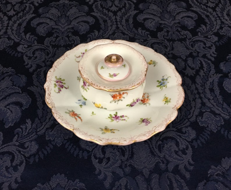 Antique Meissen Dresden Porcelain Inkwell Lid Under Plate Hand Painted Flower Pattern Gold Gilt