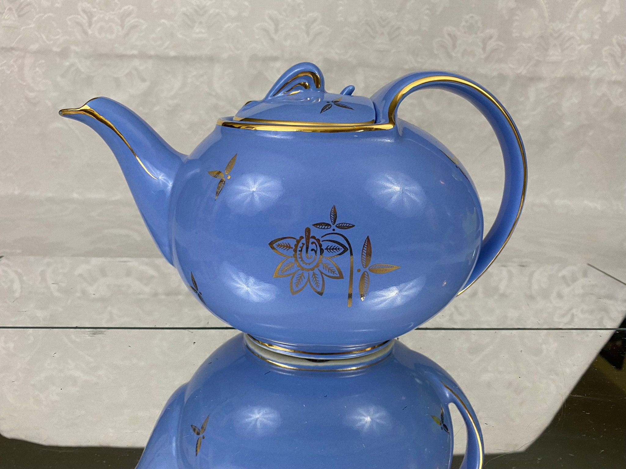 Vintage HALL Teapot, hook lid in Periwinkle Blue with Gold Flower