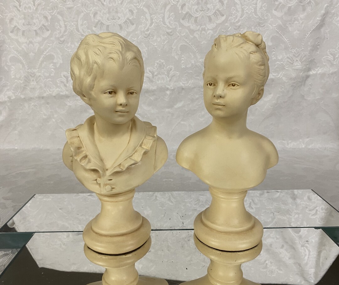 2 Vintage Chalkware Bust Figurines ABCO Chalkware Pottery Boy & Girl