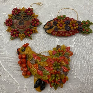 3 Ecuadorian Bread Dough Christmas Ornaments &quot;Turkey&quot; &quot;Fish&quot; &quot;Sun&quot; Vintage Handmade Ecuador Folk Art Figurines EO26