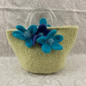 Handmade Felted Boiled Wool Women&#39;s Vintage Handbag Bag Purse Lucite Handles Snap Closure Big Flowers P316